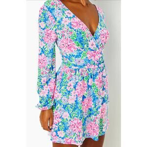 Lilly Pulitzer Riza Long Sleeve Wrap Romper Blue Pink Floral XL EUC